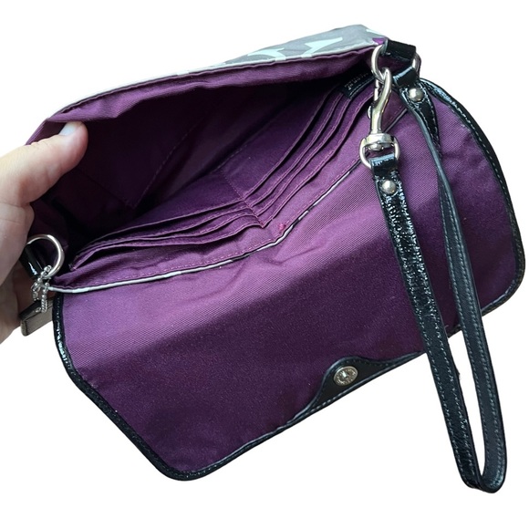 Coach Signature C Large Flap Sateen Wristlet Pouchette F47001 in Khaki & Purple - Picture 11 of 16